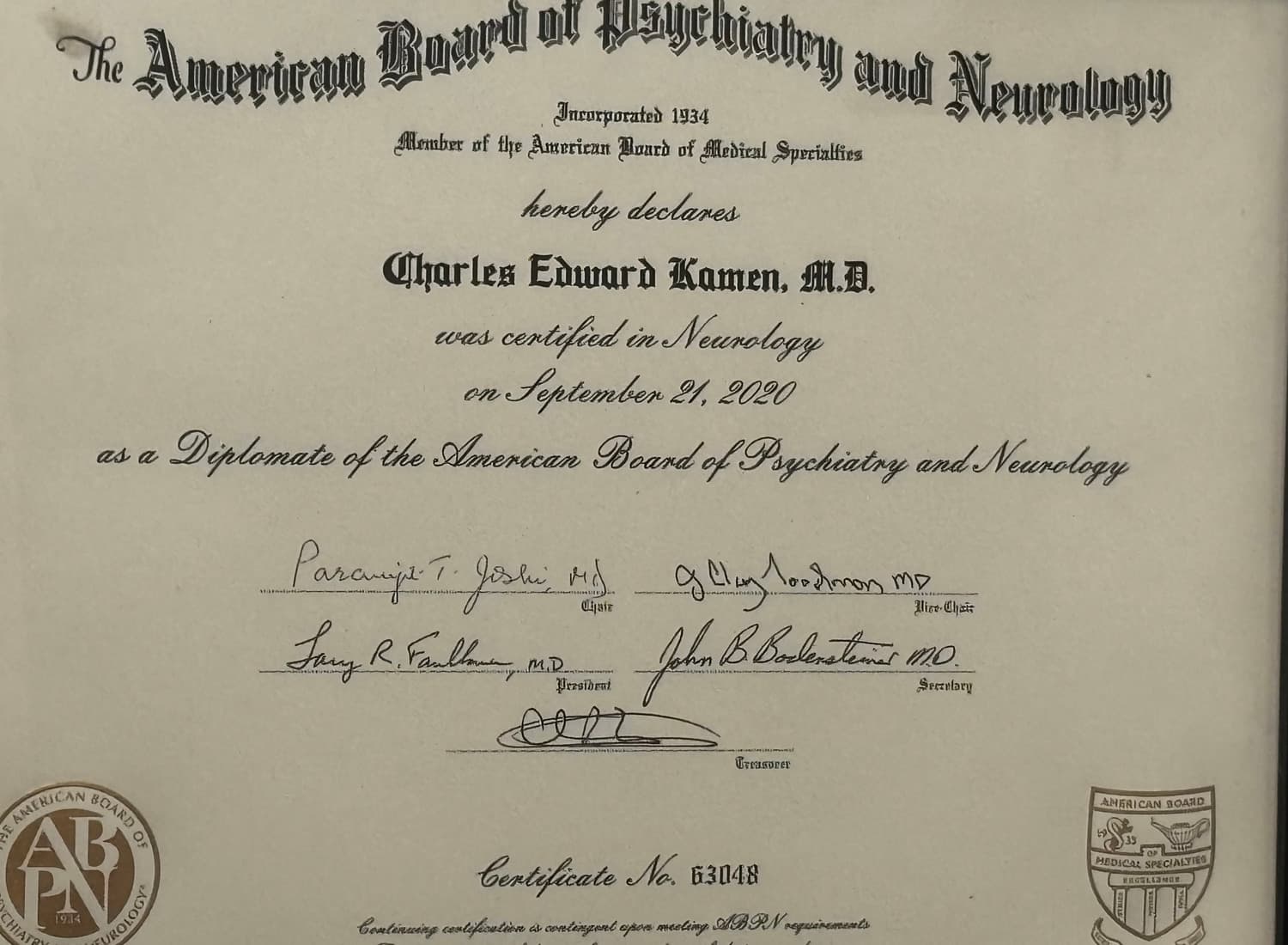 American Board of Psychiatry and Neurology certificate