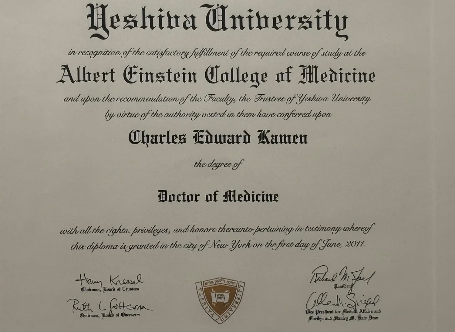 Albert Einstein College of Medicine MD diploma
