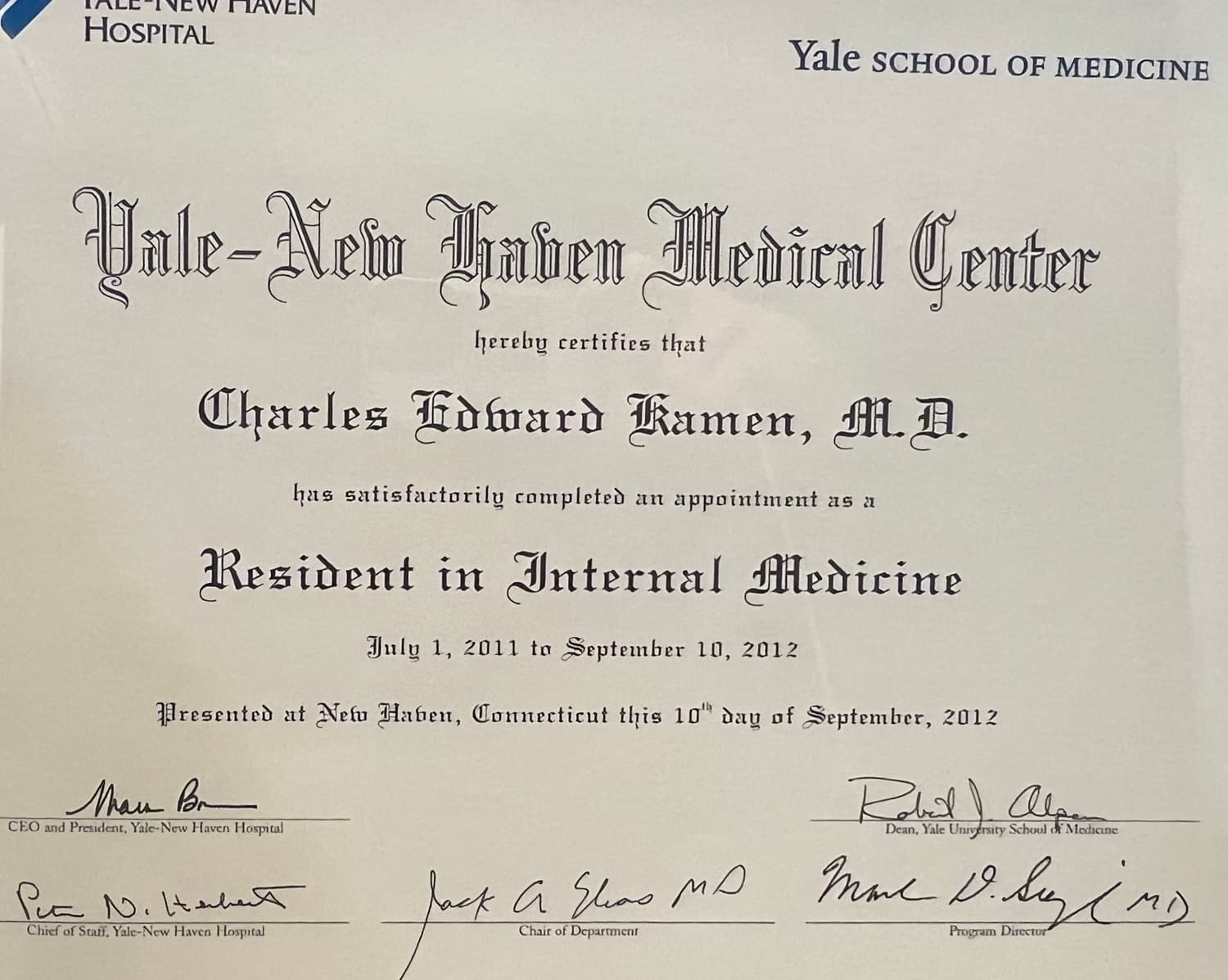 Yale Internal Medicine certificate