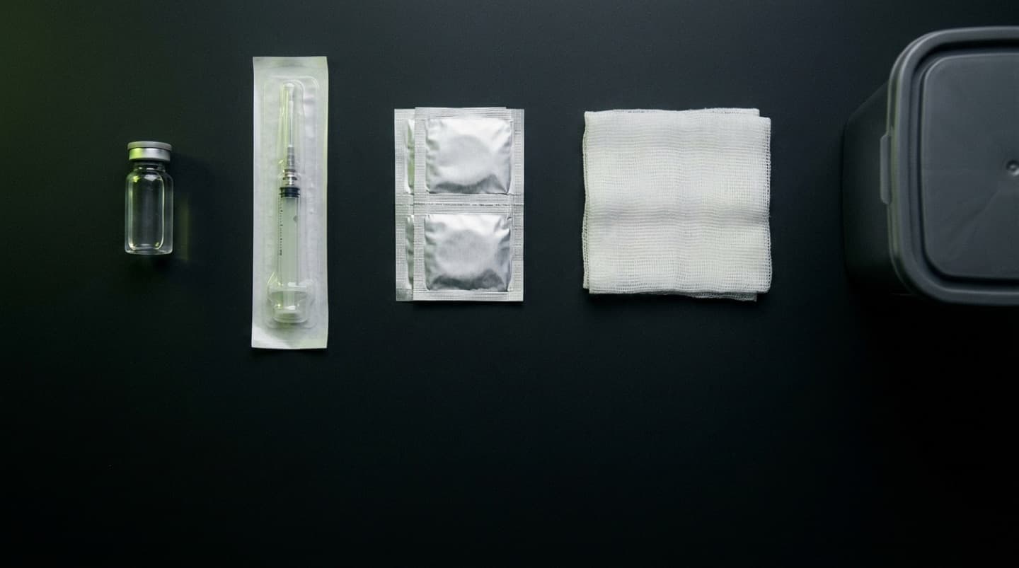 Injection supplies laid out on a dark surface before use: a small medication vial, a sealed single-use syringe, two foil alcohol swab packets, a folded gauze square, and a sharps disposal container.