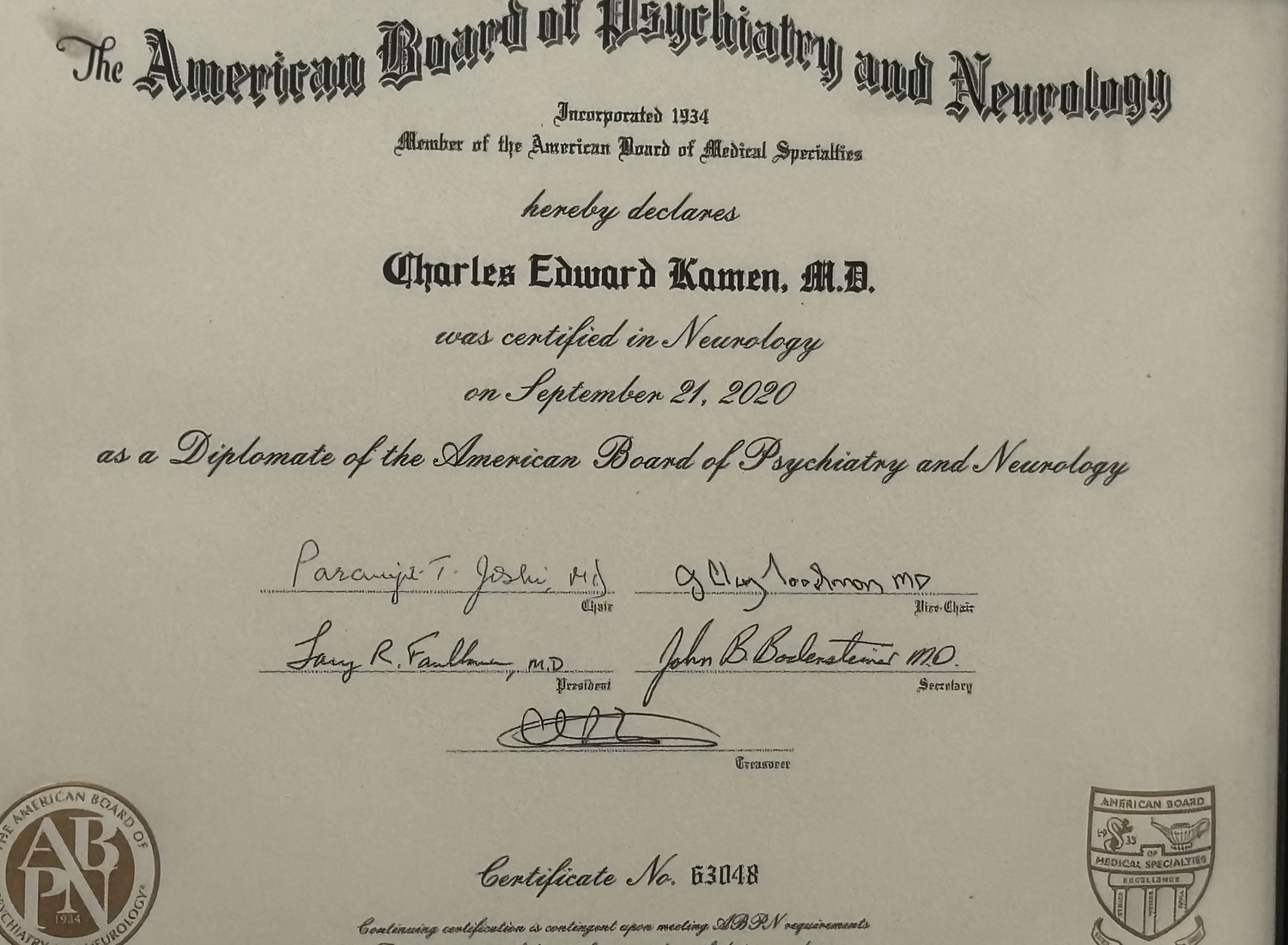 Board Certified in Neurology — American Board of Psychiatry & Neurology (2020)