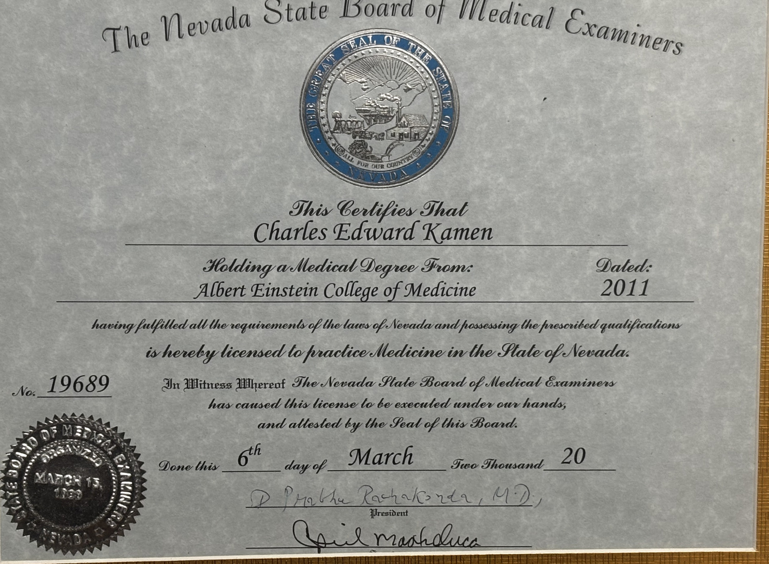 Nevada State Medical License — No. 19689