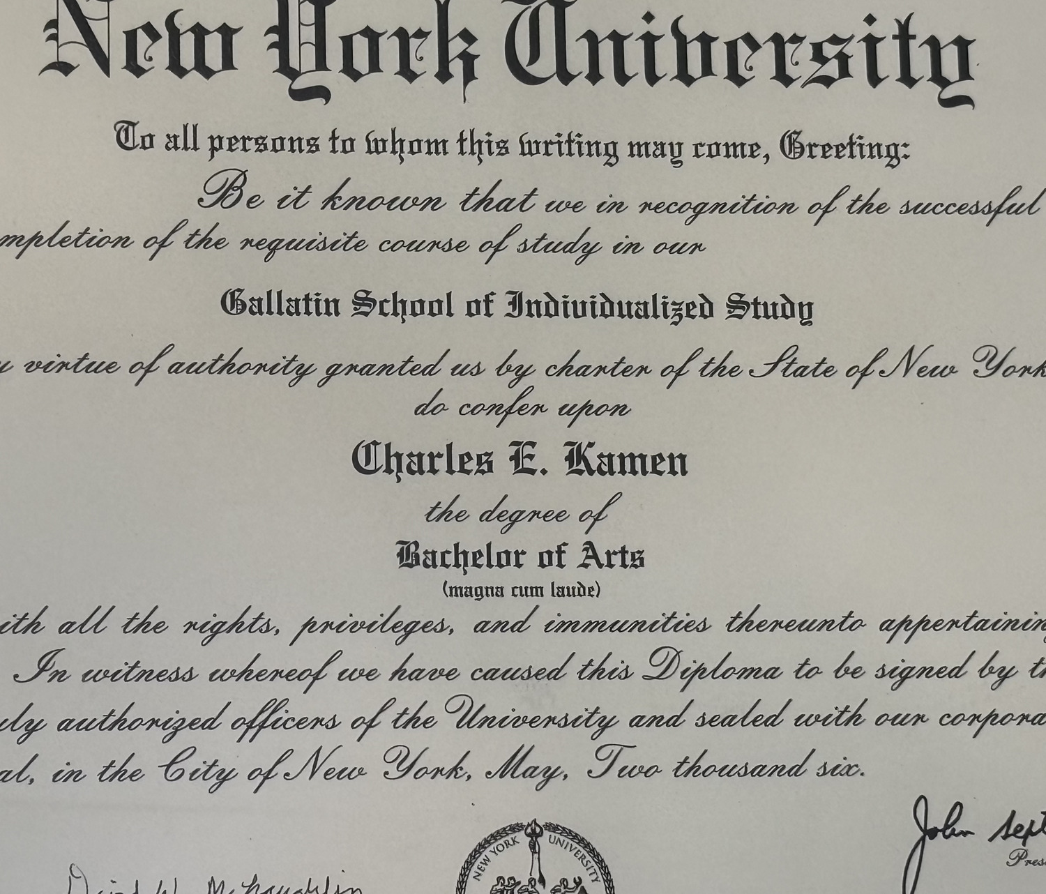 B.A., magna cum laude — New York University (2006)