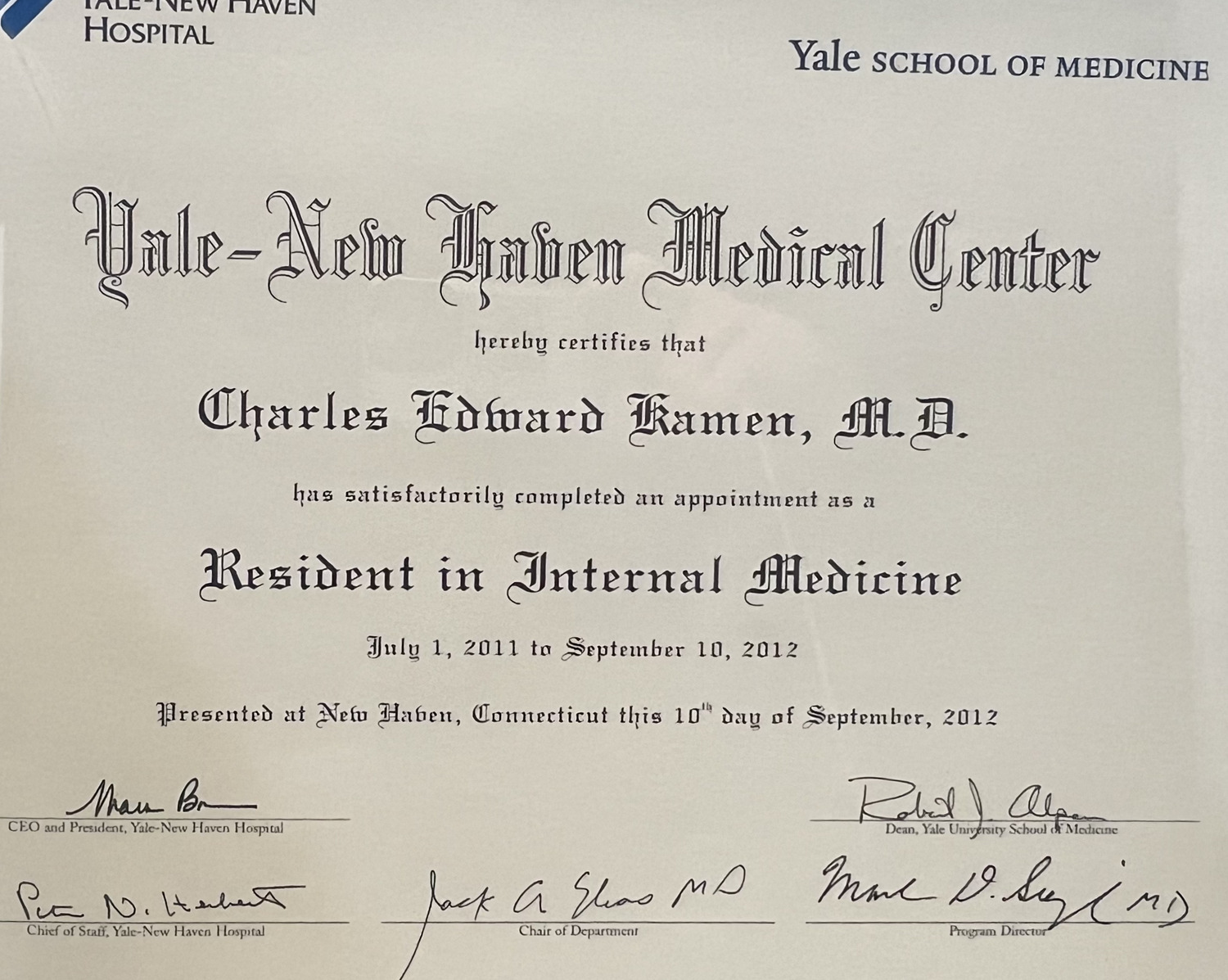 Resident in Internal Medicine — Yale-New Haven Medical Center, Yale School of Medicine (2011–2012)